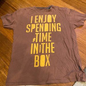 a brown t-shirt from Gongshow, hockey themed  "I enjoy spending time in the box"